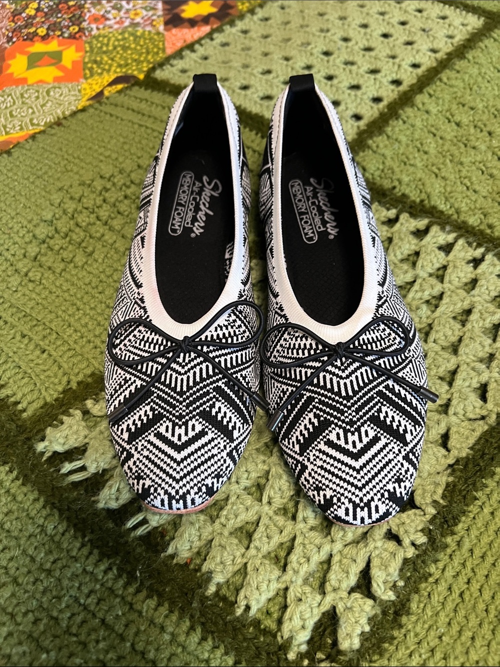 Skechers Black and White Geometric Slip-On Ballet Flats